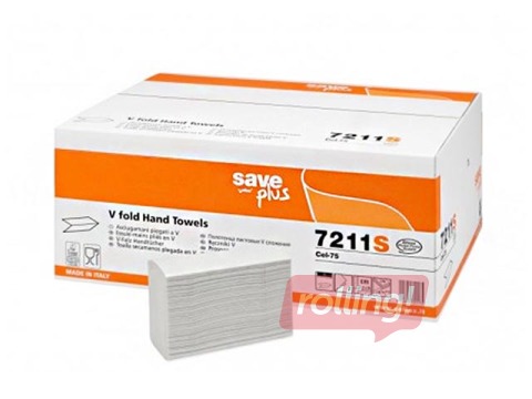 Papīra dvieļi Celtex Save Plus V (šaurās 9cm), balti, 2 slāņi, 175 loksnes, 18 paciņas