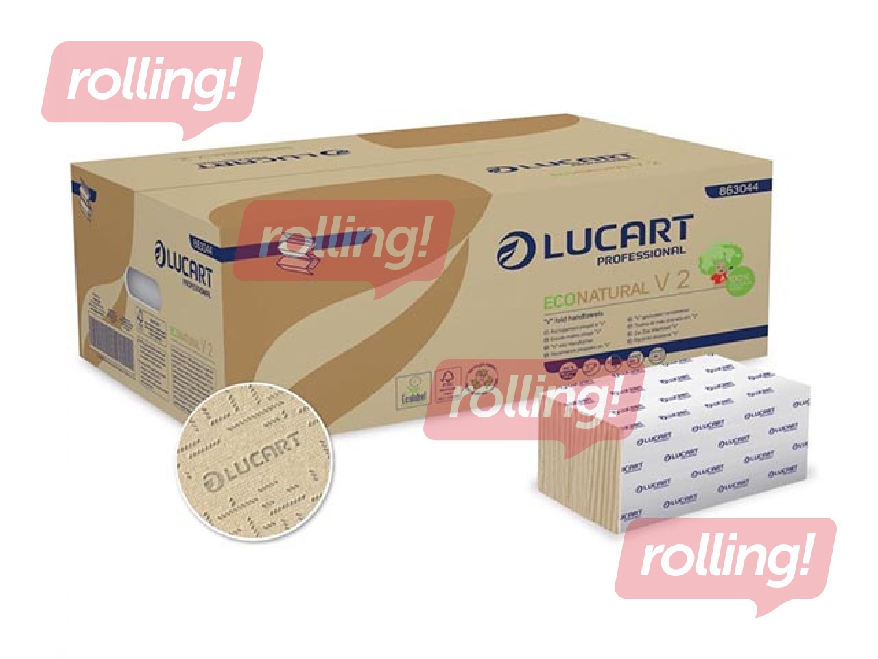 Papīra dvieļi Lucart Econatural, V2, bēši, 2 slāņi, 190 loksnes, 20 paciņas