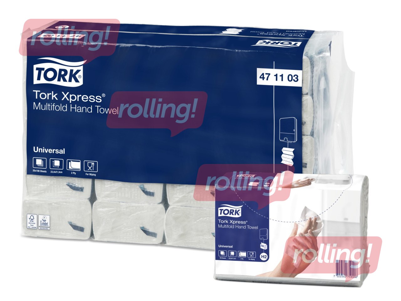 Papīra dvieļi Tork Xpress, Z-fold, H2, pelēki, 2 slāņi, 190 loksnes, 1 paciņa