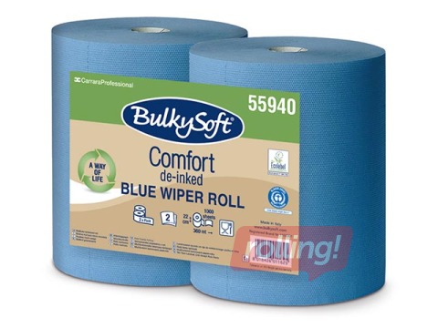 Industriālais papīrs Bulkysoft Comfort, 22x36cm, 1000 loksnes, 2 slāņi, zils, 360m, 2 ruļļi