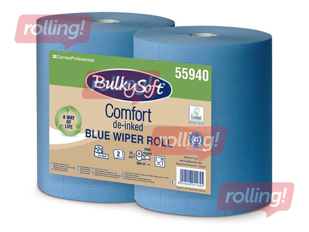 Industriālais papīrs Bulkysoft Comfort, 22x36cm, 1000 loksnes, 2 slāņi, zils, 360m, 2 ruļļi