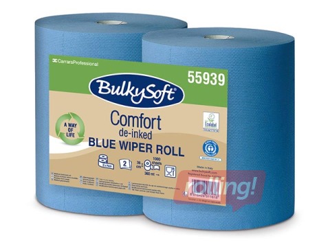 Industriālais papīrs Bulkysoft Comfort, 36x36cm, 1000 loksnes, 2 slāņi, zils, 360m, 2 ruļļi