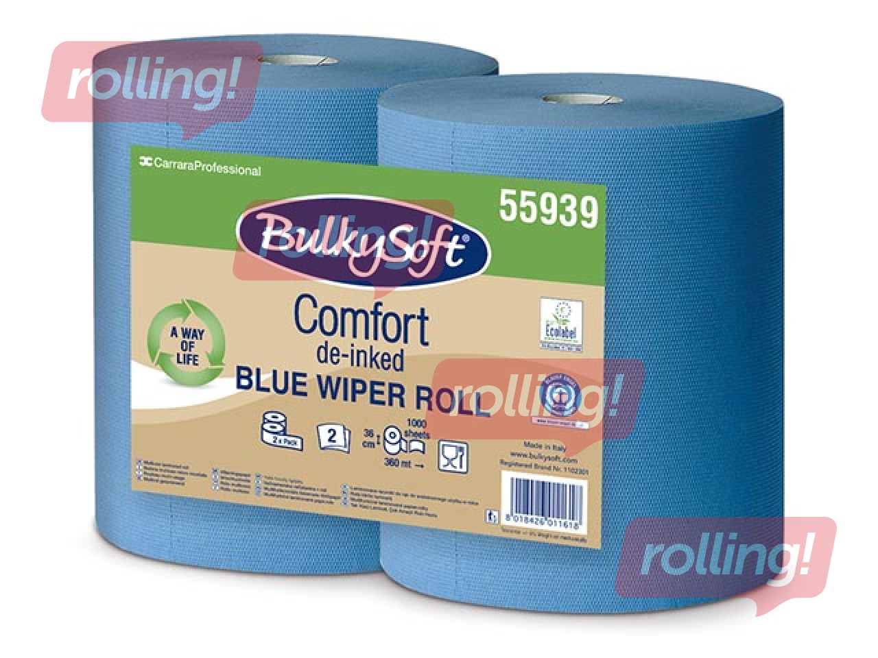 Industriālais papīrs Bulkysoft Comfort, 36x36cm, 1000 loksnes, 2 slāņi, zils, 360m, 2 ruļļi