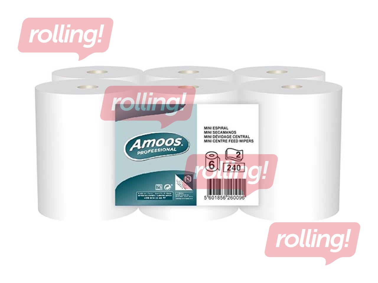 Бумажные полотенца в рулонах Amoos Mini Centerfeed, M1, 2 слоя, 6 рулонов, 60м