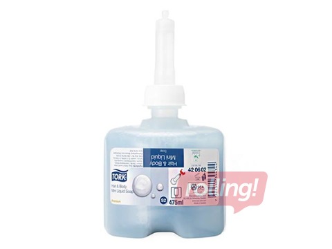 Šķidrās ziepes Tork Premium Mini Mild S2, matiem un ķermenim, gaišzilas, 475ml