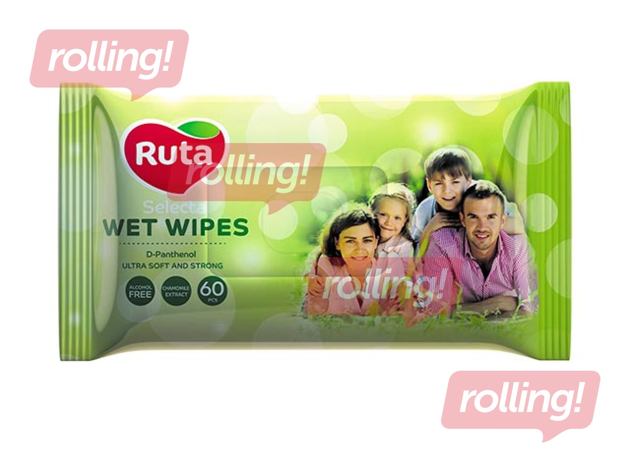 Mitrās salvetes Ruta Selecta Family ar kumelīšu ekstraktu, 60 gab.