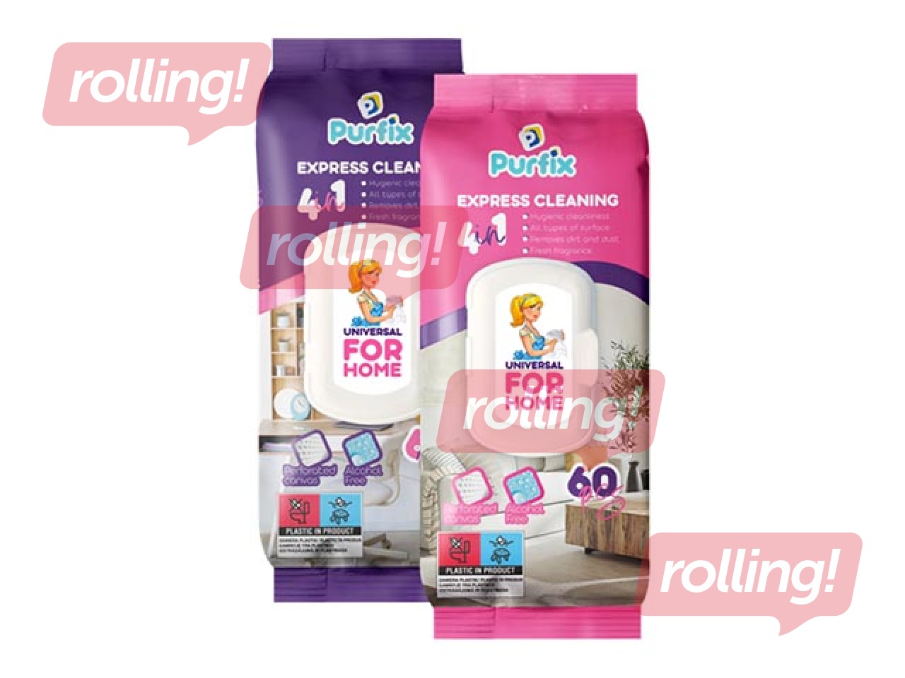 Mitrās salvetes Purfix, virsmām, 60 gab.