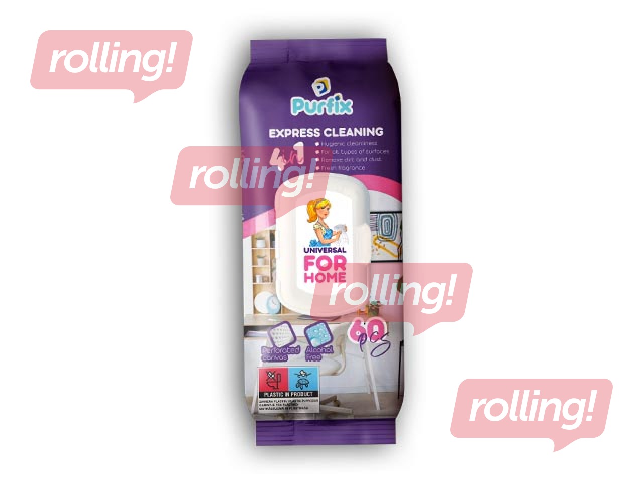 Mitrās salvetes Purfix, virsmām, 60 gab.