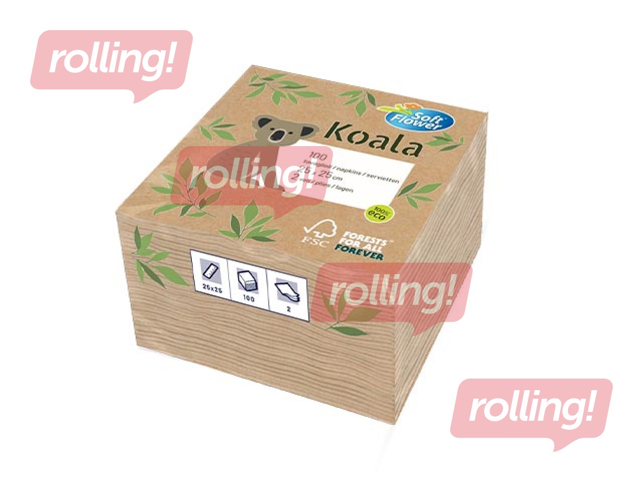 Салфетки Koala Soft Flower, 25×25 см, крафт, 100 шт.