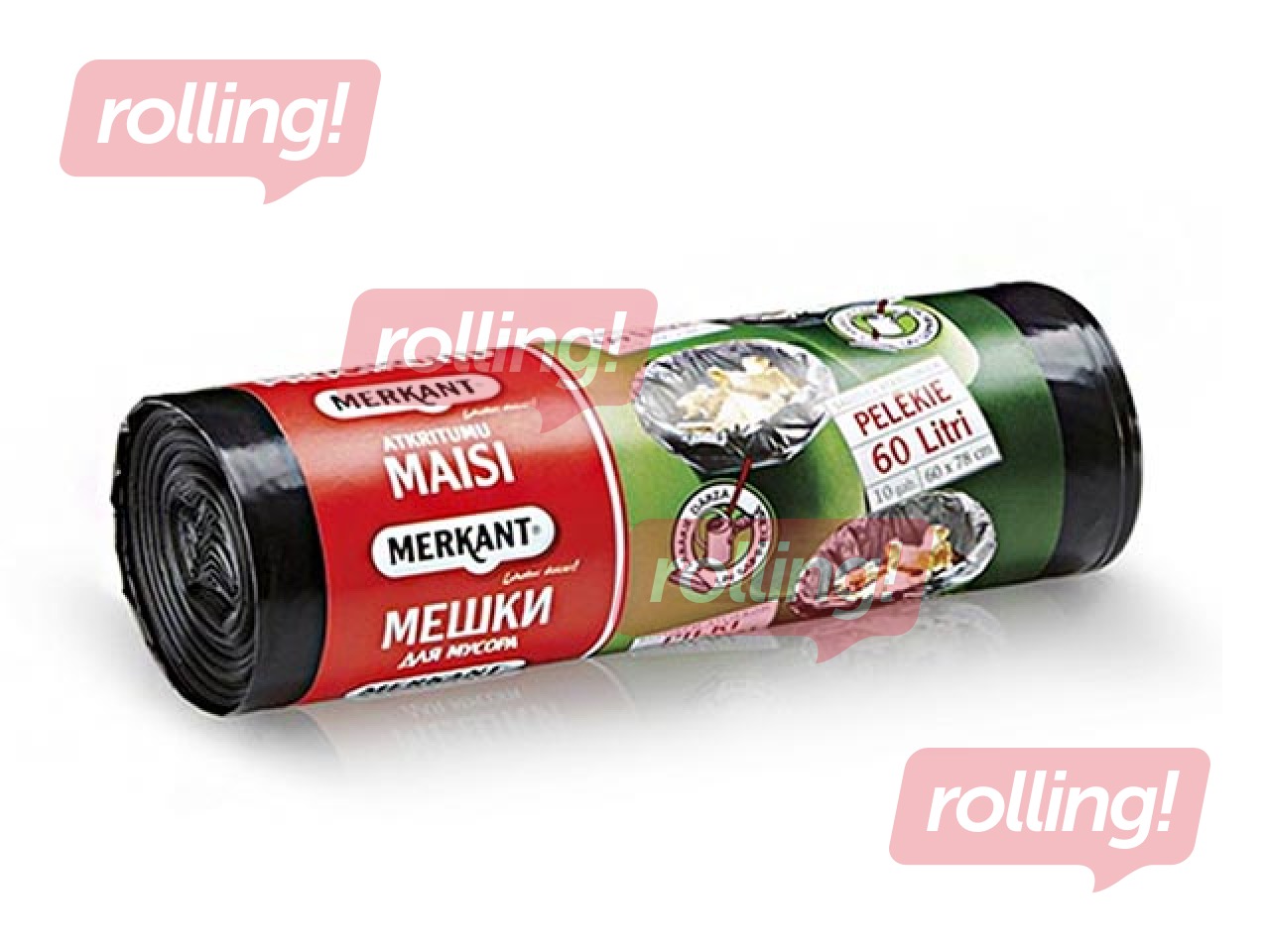 Garbage bags on roll Merkant, 60 l, 35 mic., 10 pcs, grey