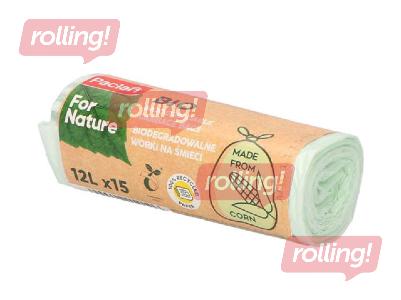 Atkritumu maisi Paclan, For Nature, biodegradējami, gaiši zaļi, 14µm, 12l, 15gab.