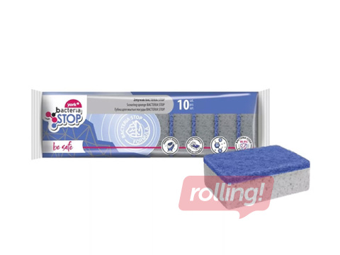 Švammītes trauku mazgāšanai York Bacteria Stop, pelēkas, 10x7cm, 10 gab.