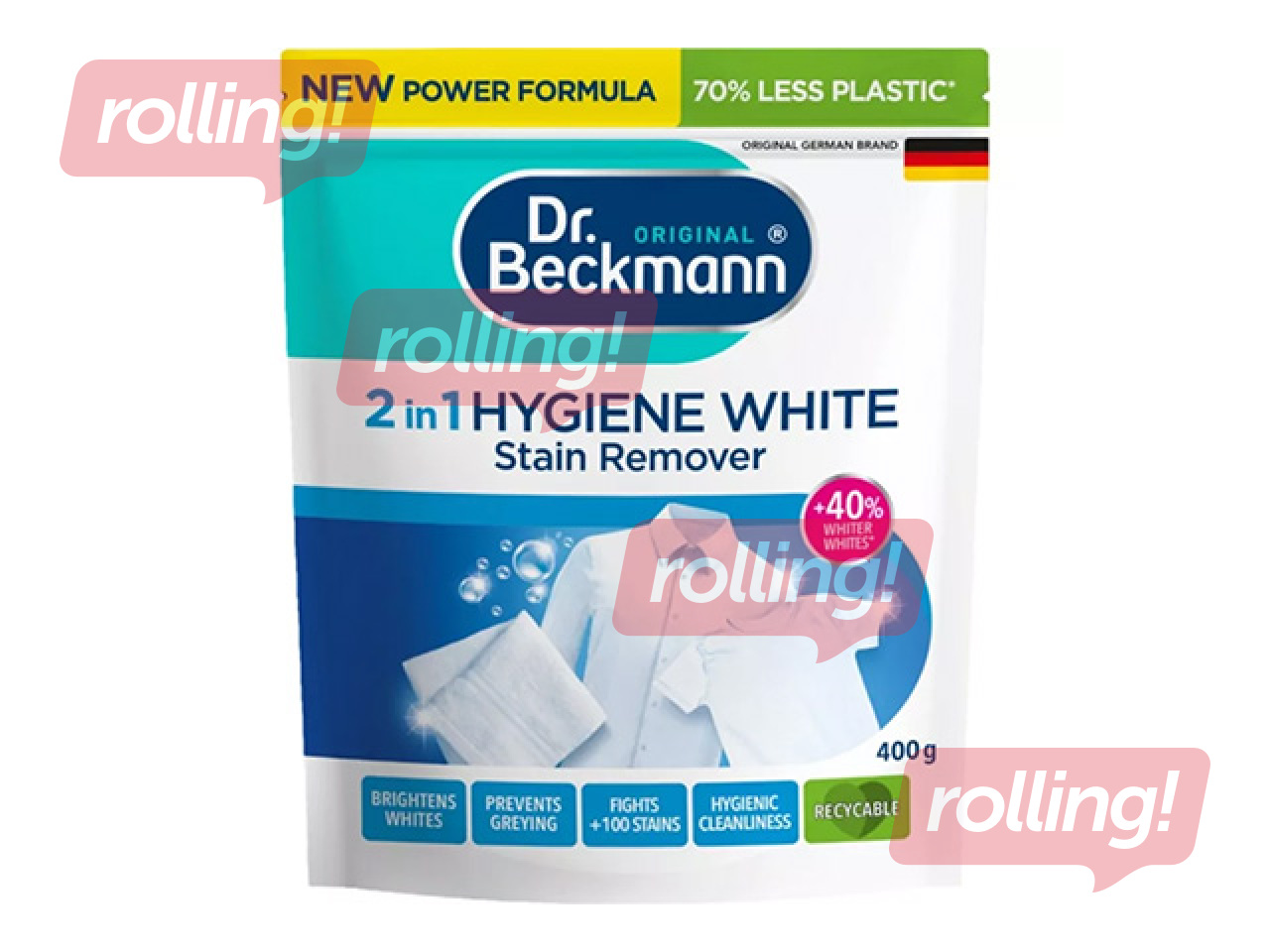 Traipu tīrīšanas pulveris Dr.Beckmann Hygiene White, 2in1, gaišiem audumiem, 400g