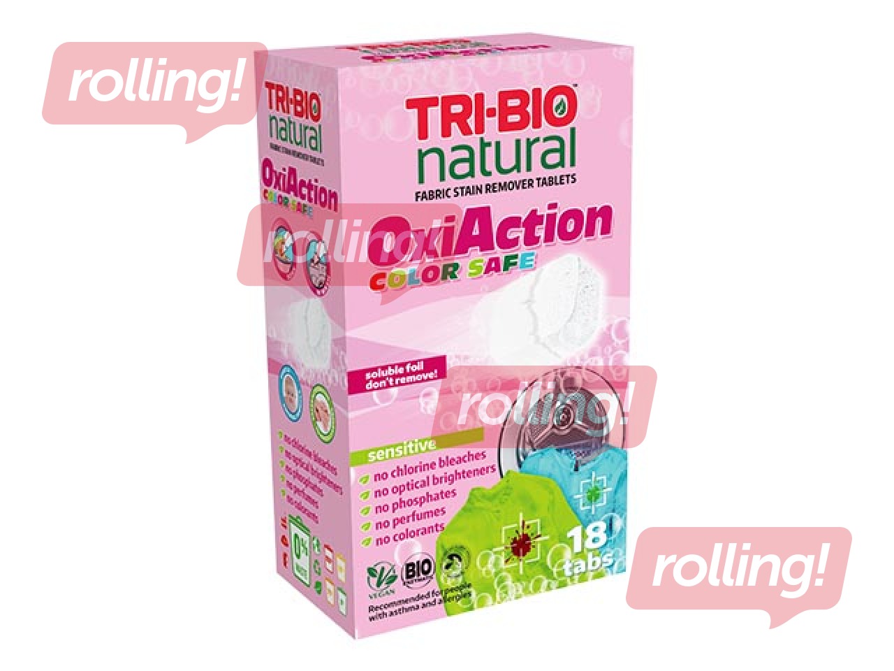 Traipu tīrīšanas tabletes Tri-Bio, Sensitive Oxi-Action Color, dabīgas, 18 tab.