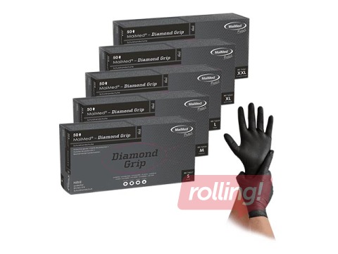 Cimdi Diamond grip, nitrila, teksturēti, melni, S izmērs, 50 gab.
