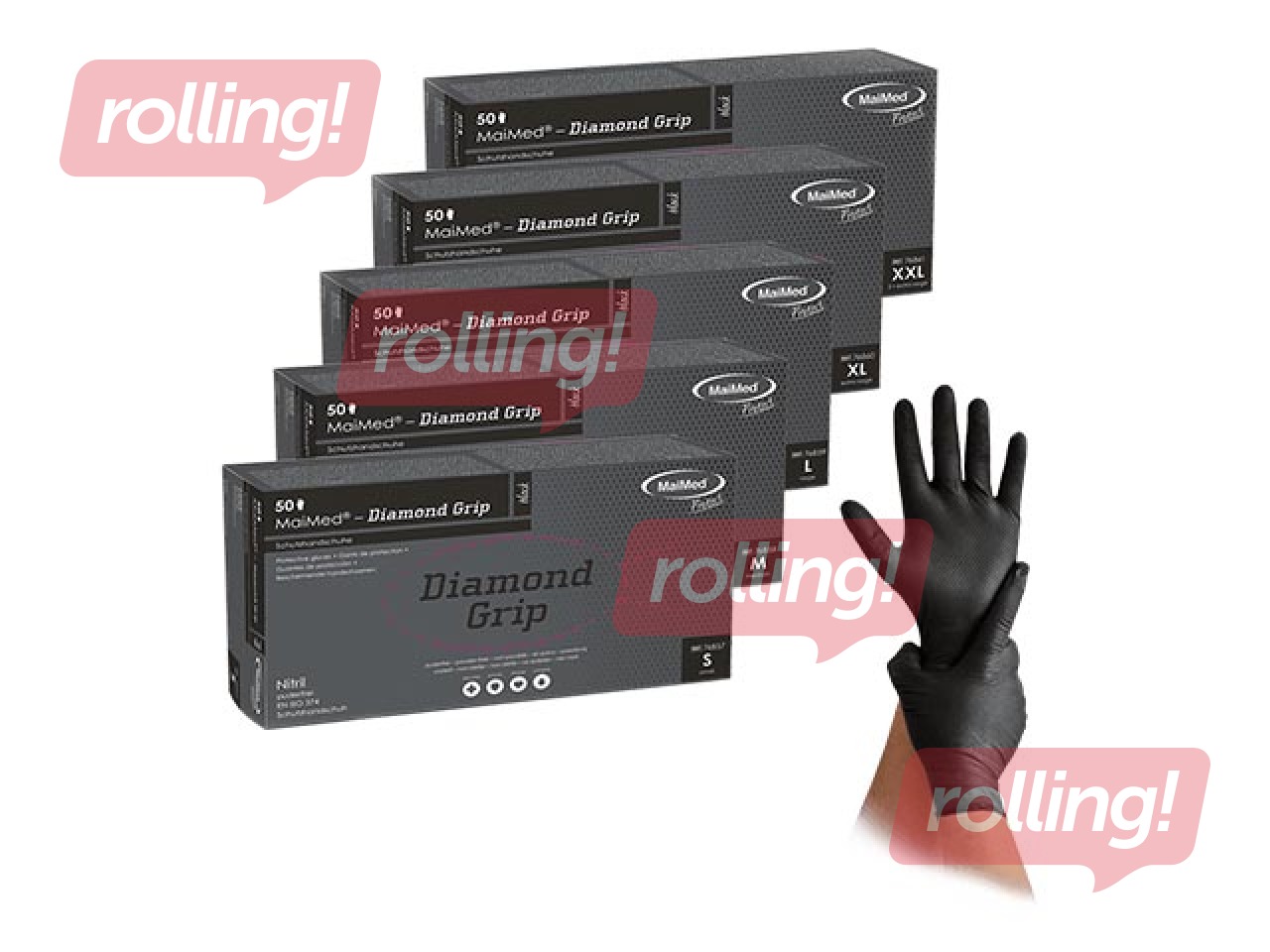 Cimdi Diamond grip, nitrila, teksturēti, melni, M izmērs, 50 gab.