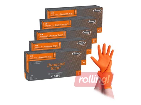 SALE Cimdi Diamond grip+, nitrila, teksturēti, oranži, S izmērs, 50 gab.