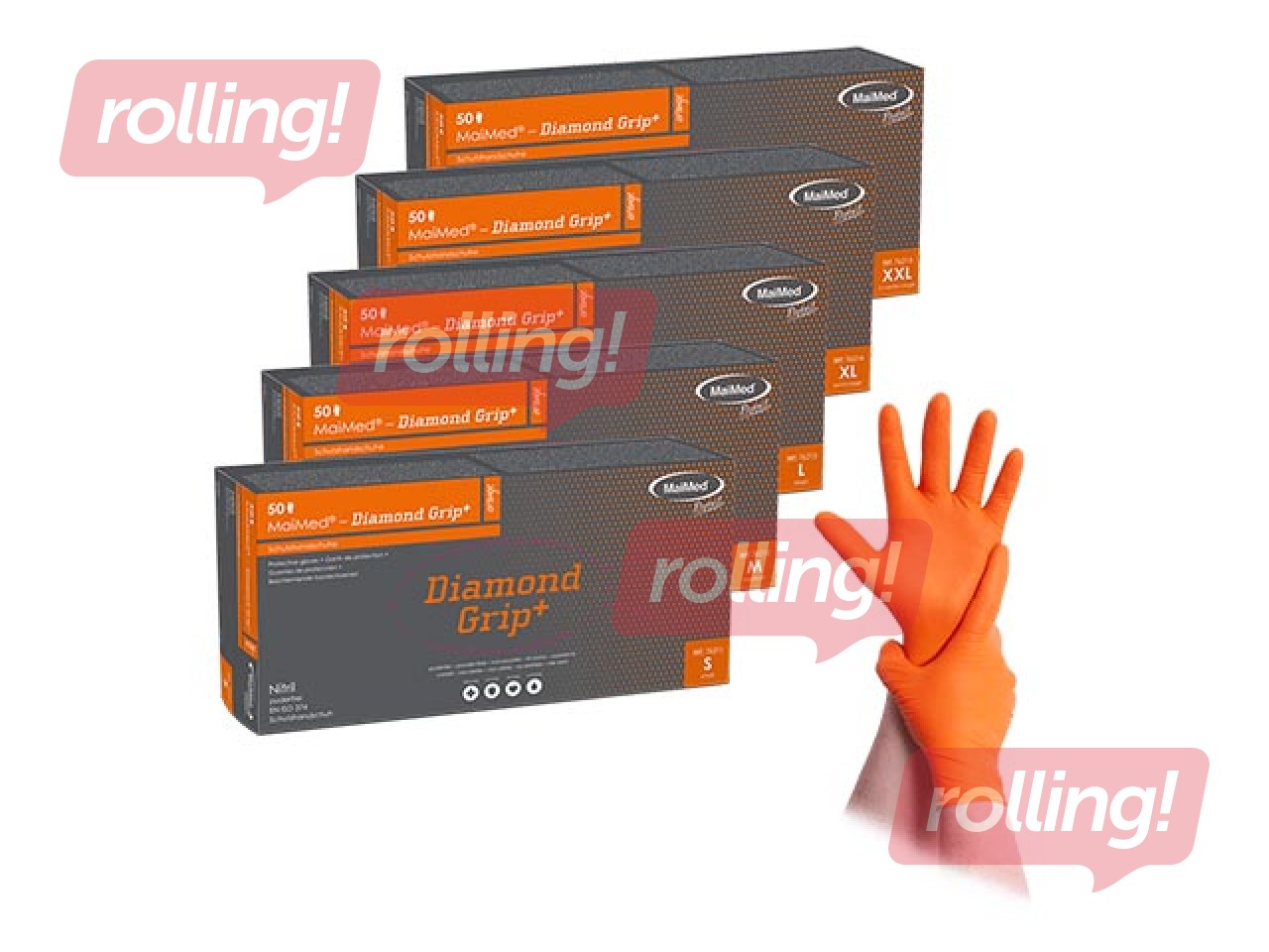 SALE Cimdi Diamond grip+, nitrila, teksturēti, oranži, S izmērs, 50 gab.