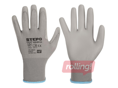 Darba cimdi Stepo, PU-Eko, ar poliuretāna pārklājumu, pelēki, L izmērs