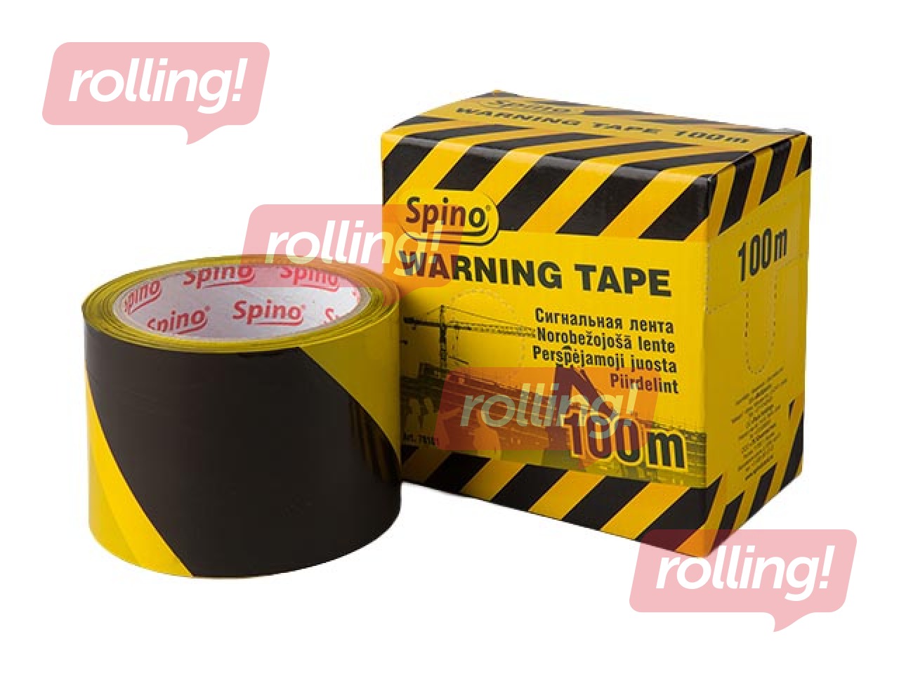 Hazard warning barrier tape, yellow and black, width 75 mm, 100 m