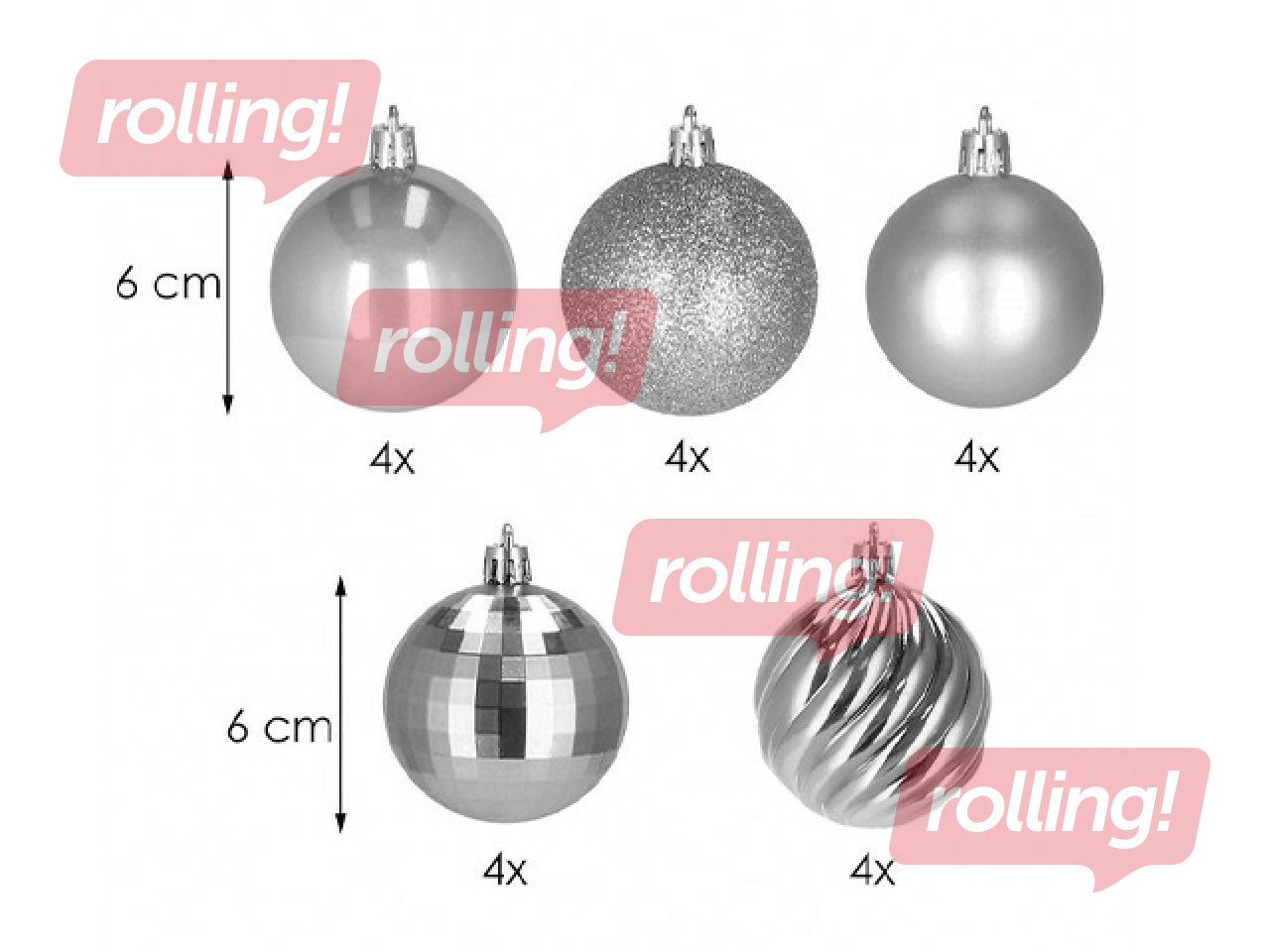 Ziemassvētku eglītes rotājumi Springos, bumbiņas, sudraba, 20 gab. (+/- 1 gab.)