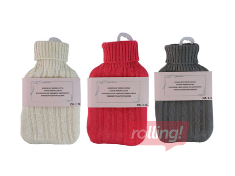 Hot water bottle with knitted cover, white, grey or red, 1.7l