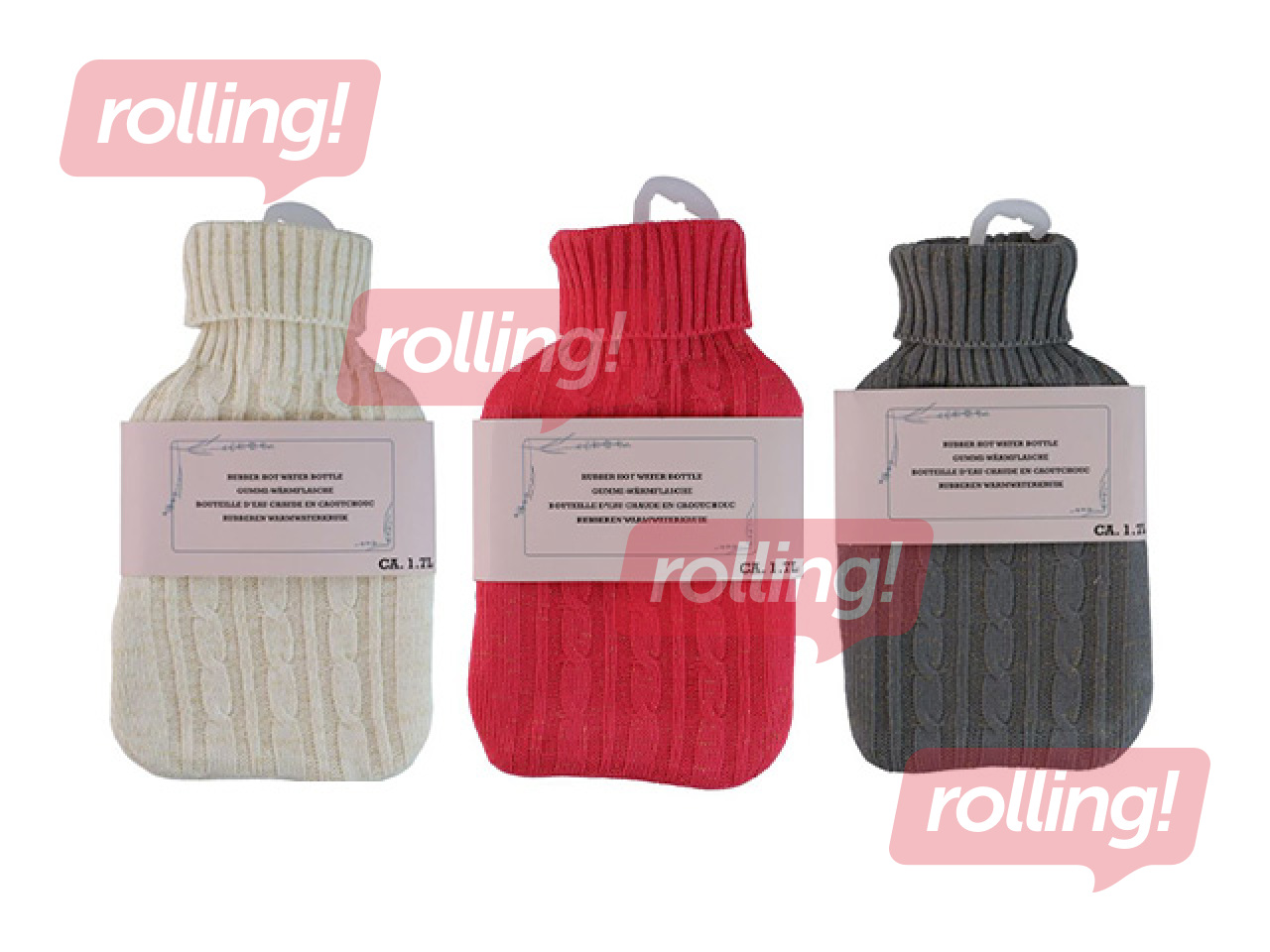 Hot water bottle with knitted cover, white, grey or red, 1.7l