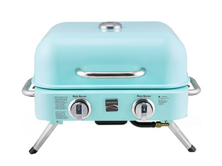 Gāzes grils Kenmore Retro, galda, pārnēsājams, ar 2 degļiem, tirkīzzils