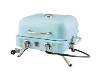 Gāzes grils Kenmore Retro, galda, pārnēsājams, ar 2 degļiem, tirkīzzils