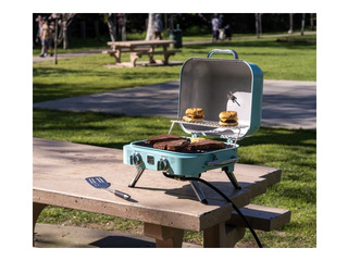 Gāzes grils Kenmore Retro, galda, pārnēsājams, ar 2 degļiem, tirkīzzils