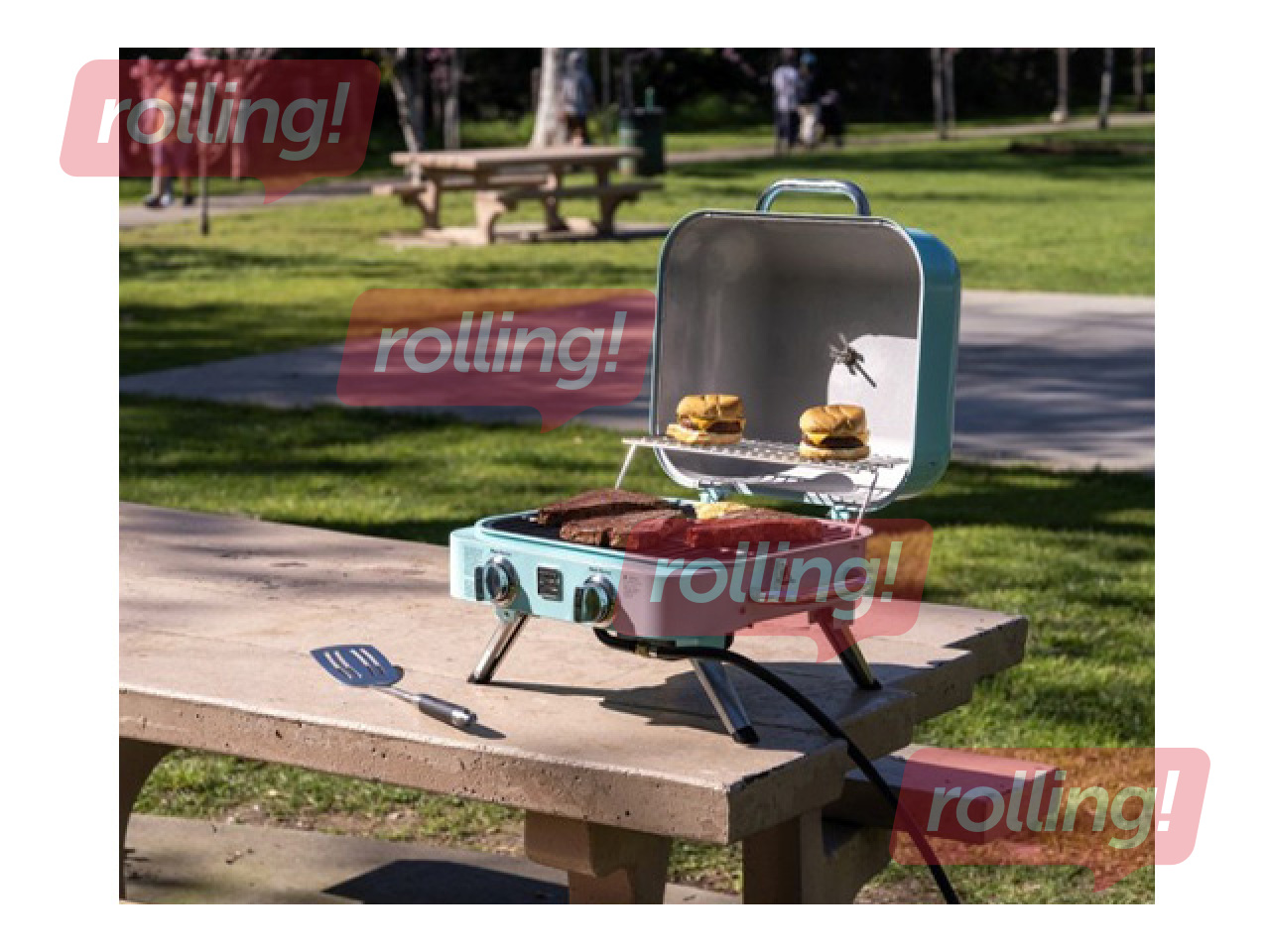 Gāzes grils Kenmore Retro, galda, pārnēsājams, ar 2 degļiem, tirkīzzils