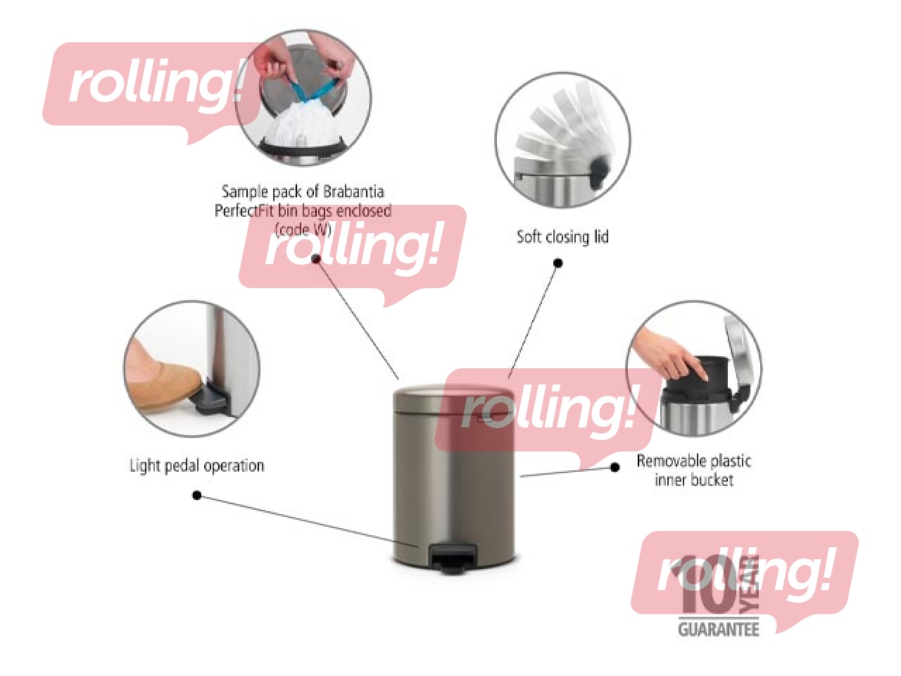 Atkritumu tvertne ar pedāli NewIcon, platīna, 5l