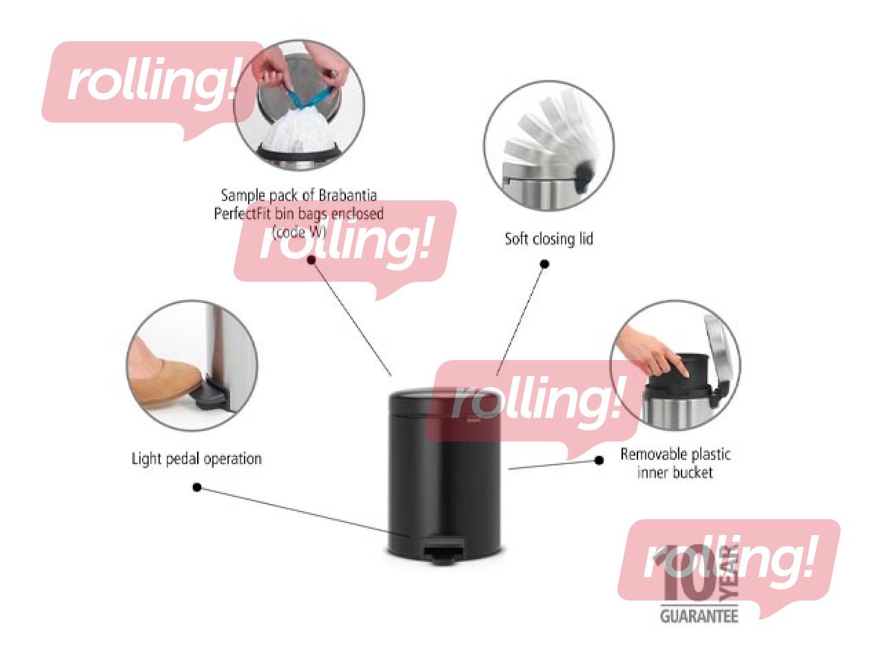 Atkritumu tvertne ar pedāli NewIcon, matēti melna, 5l