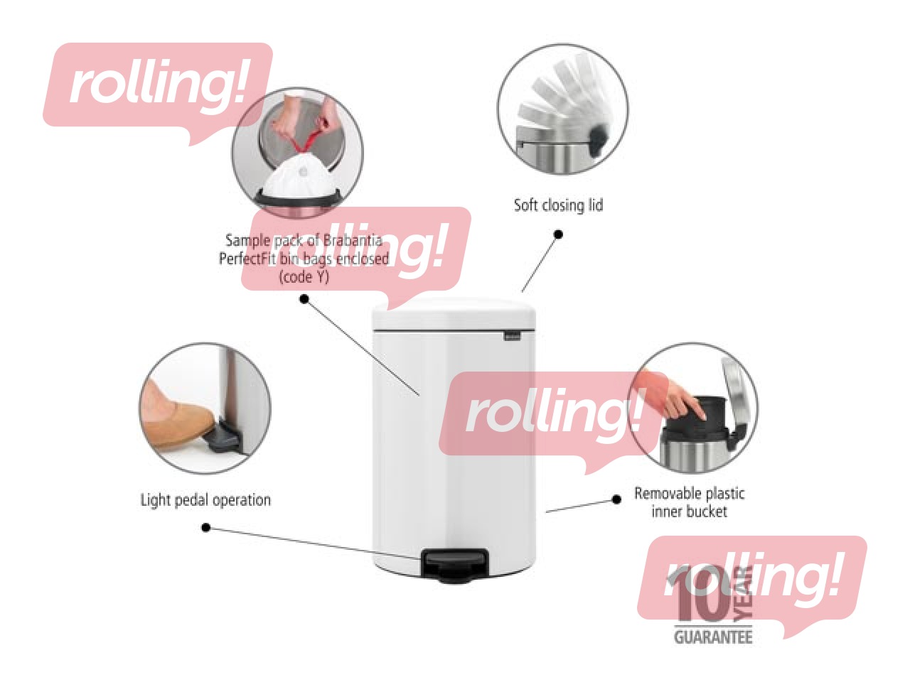 Atkritumu tvertne ar pedāli NewIcon, balta, 20l