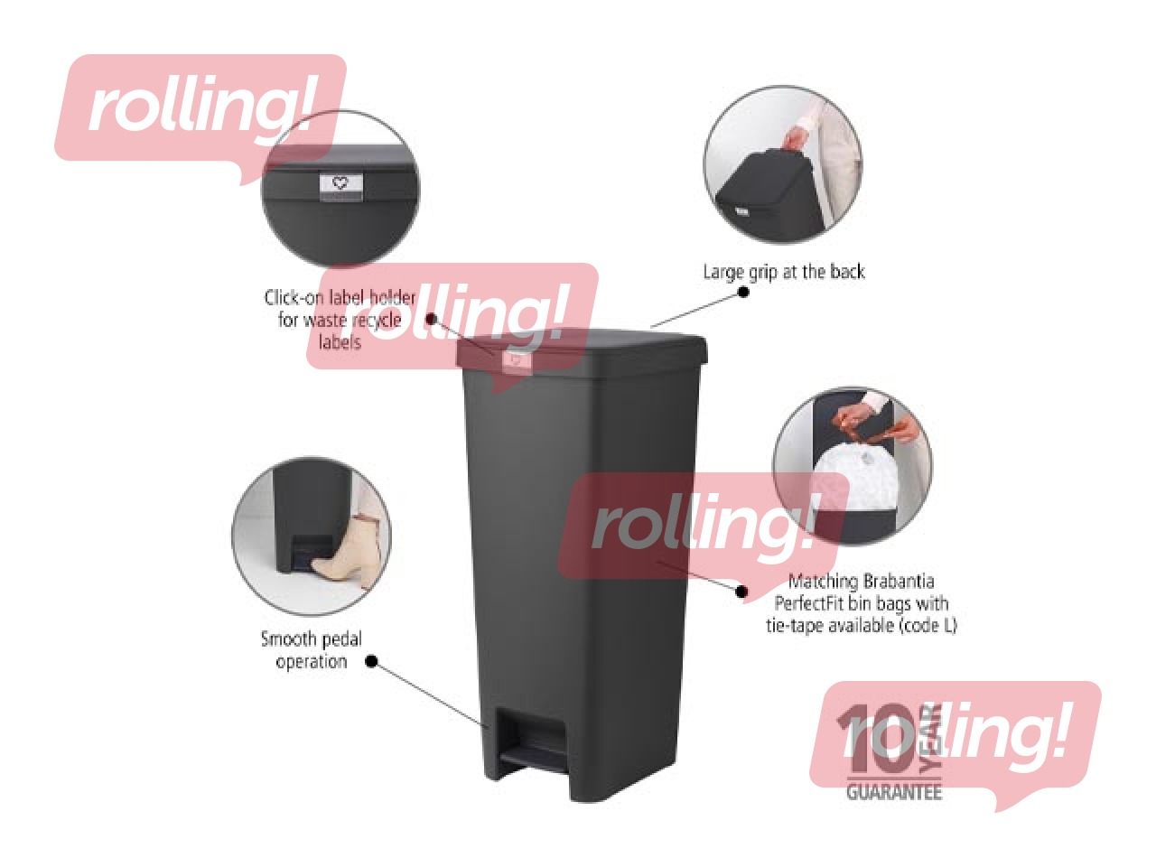 Мусорное ведро с педалью StepUp, тёмно-серое, 40л