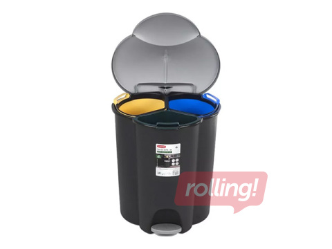 Atkritumu tvertne Curver, Trio, ar pedāli, 3 nodalījumi, melns, sudraba, 17+17+6l