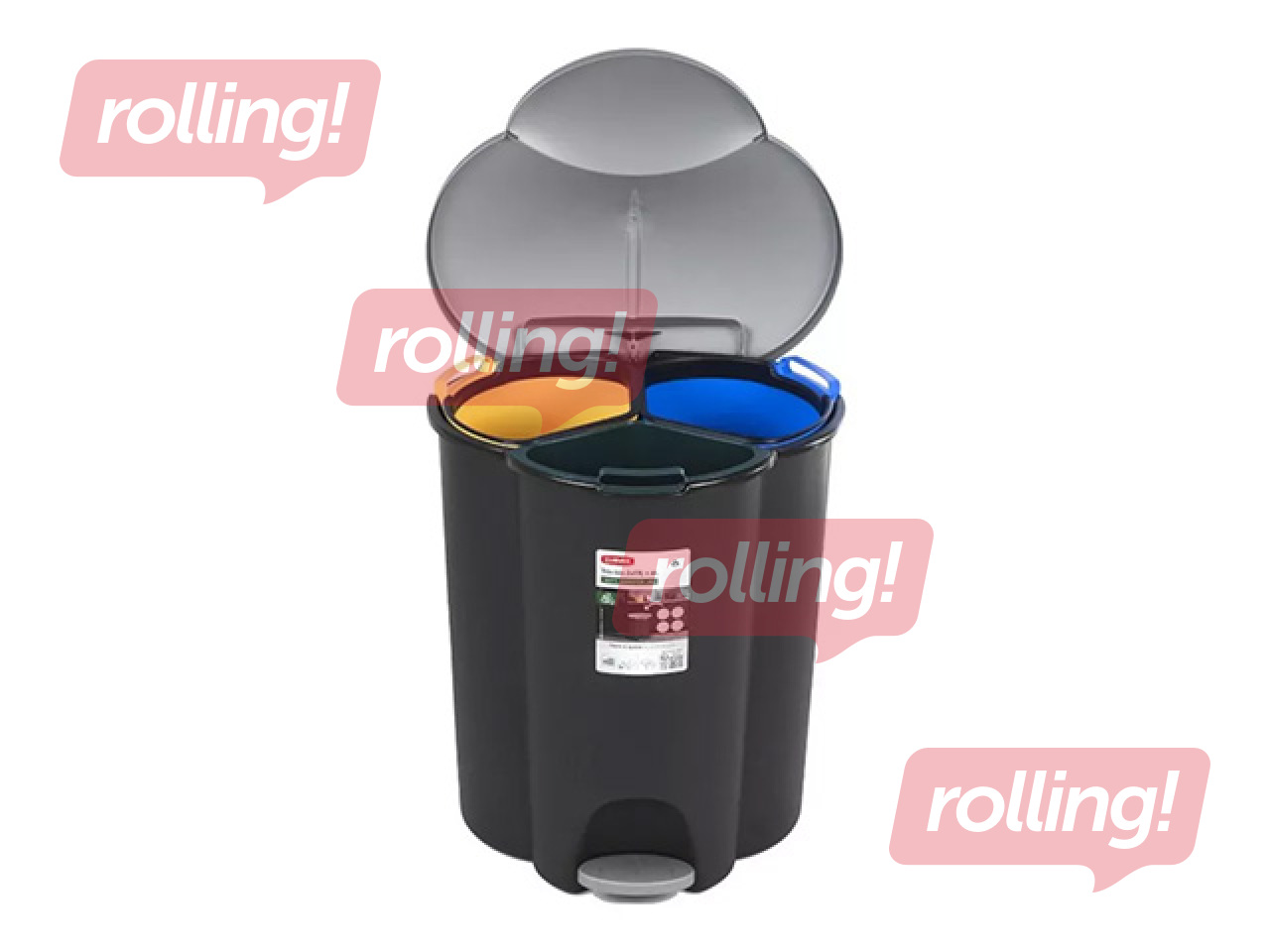 Atkritumu tvertne Curver, Trio, ar pedāli, 3 nodalījumi, melns, sudraba, 17+17+6l