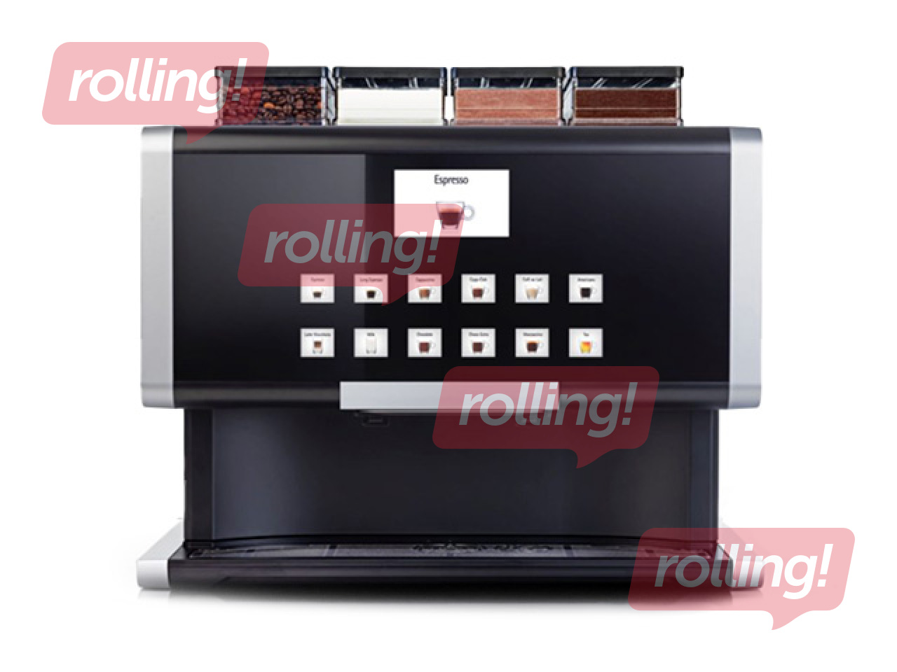 Kafijas automāts Rhea rhTT3.pro, ar 1 kafijas un 3 pulvera tvertnēm, melns ar sudraba elementiem