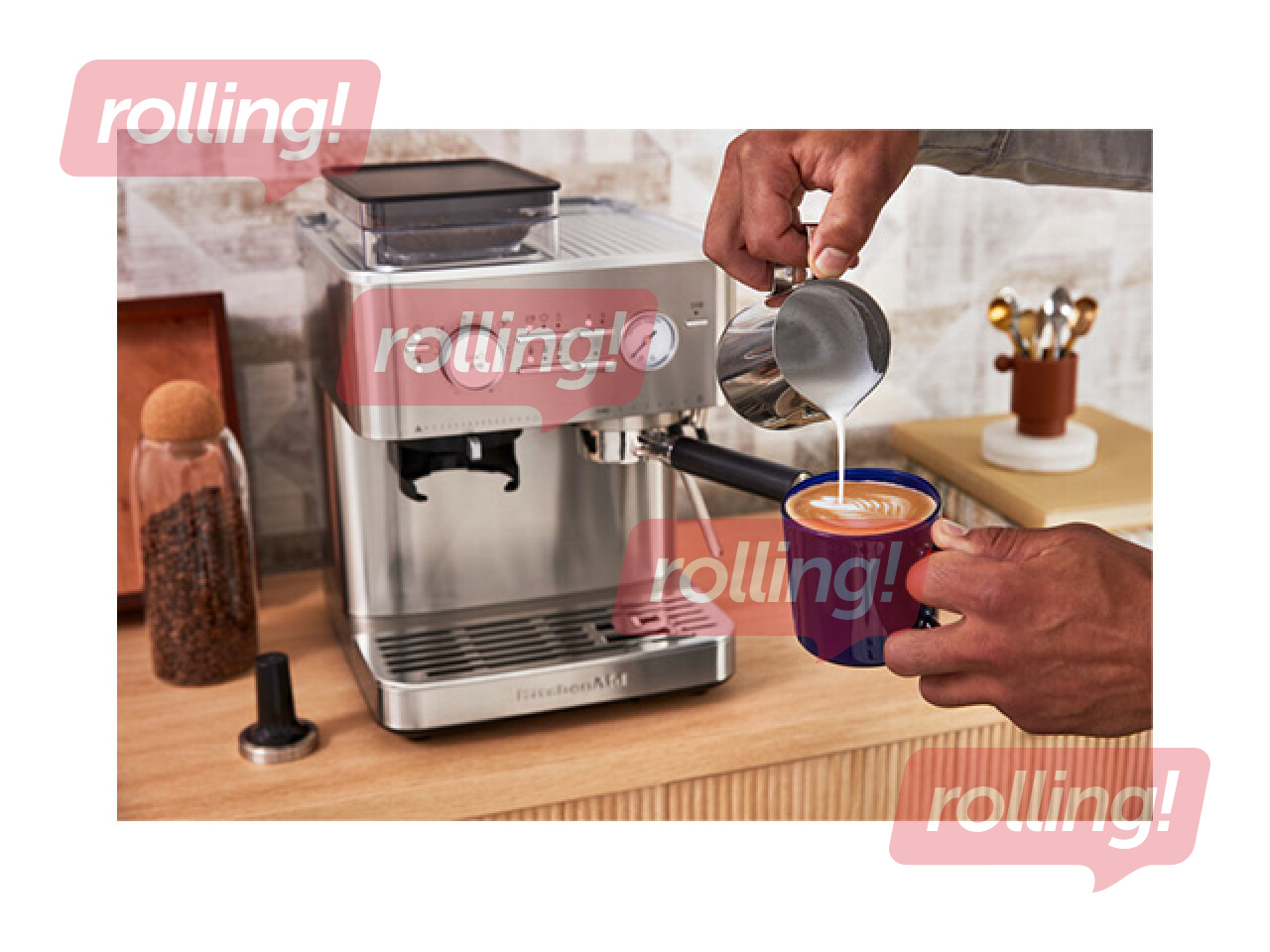 Kafijas automāts KitchenAid ar kafijas dzirnaviņām, nerūsējošā tērauda