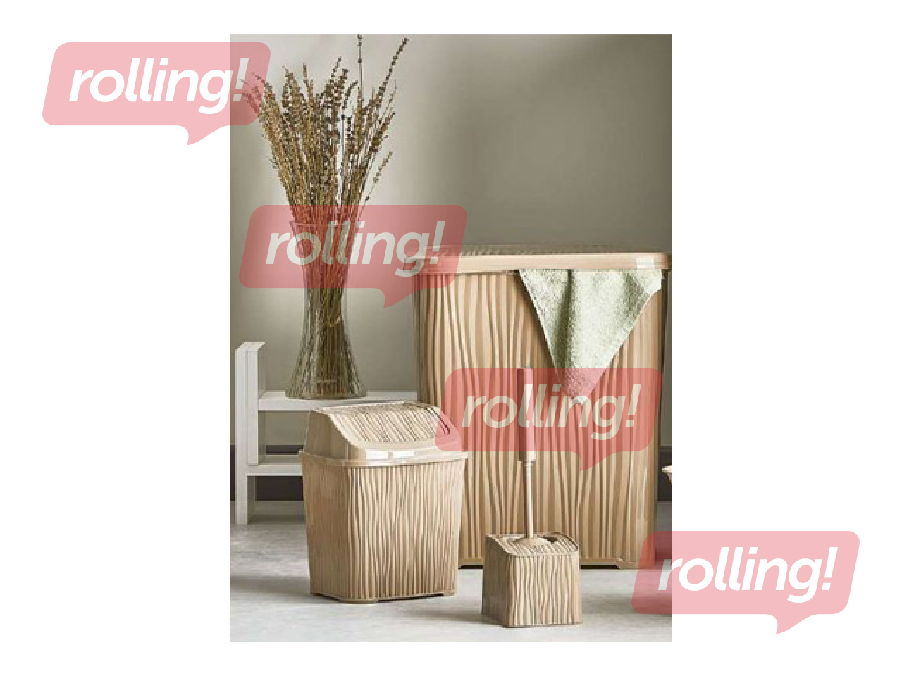 Корзина для белья Ozer Wavy, с крышкой, бежевая, пластик, 48л