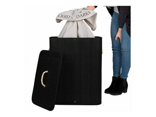 Veļas kaste Springos, divi nodalījumi, ar vāku, melna, bambusa, 100l