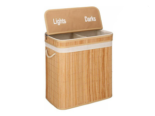 Laundry basket Springos, two compartments, with lid, brown, bamboo, 100l