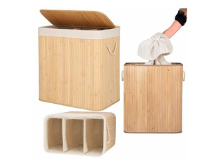Laundry basket Springos, three compartments, with lid, brown, bamboo, 150l