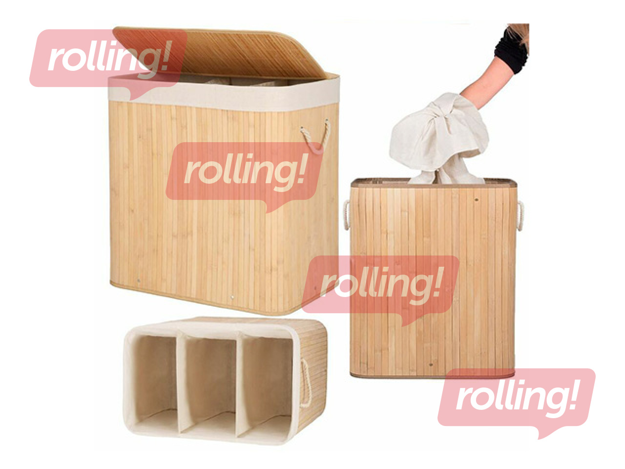 Laundry basket Springos, three compartments, with lid, brown, bamboo, 150l