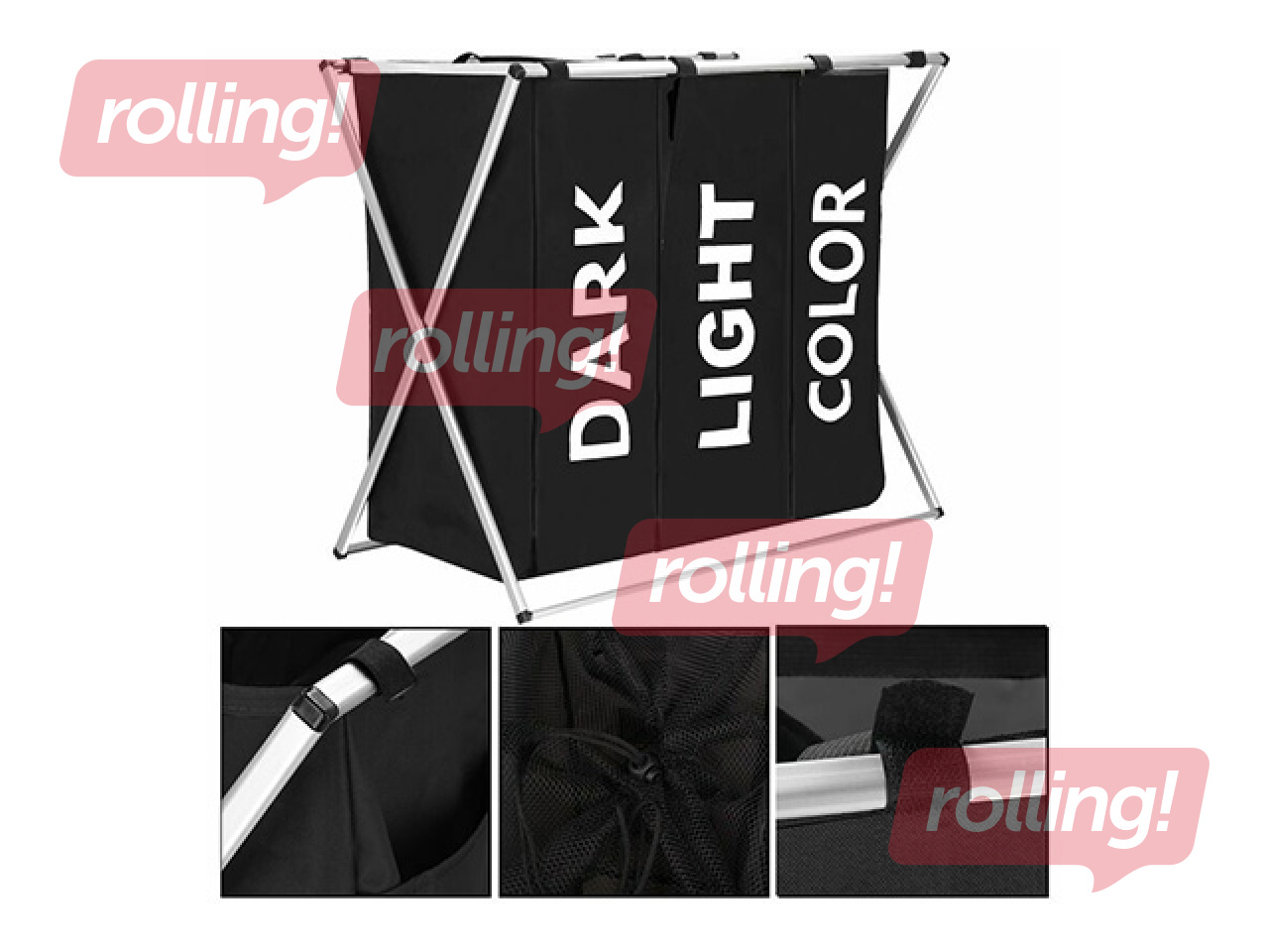 Корзина для белья Springos, три отделения, чёрная, тканевая, алюминиевая рама, 146л