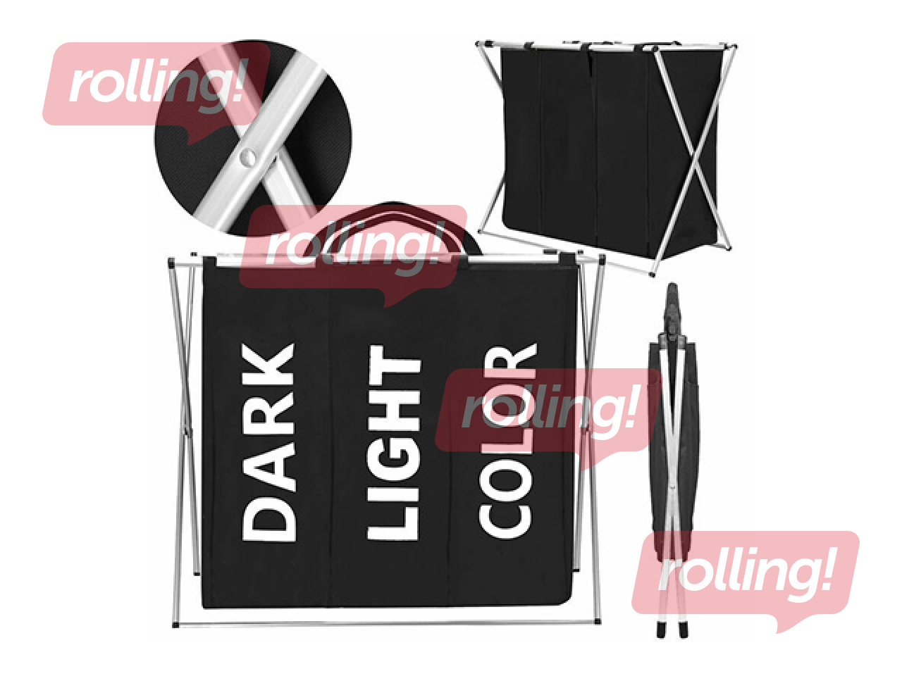 Корзина для белья Springos, три отделения, чёрная, тканевая, алюминиевая рама, 146л