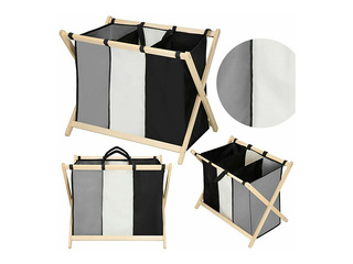 Veļas kaste Springos, trīs nodalījumi, auduma, koka rāmis, 105l