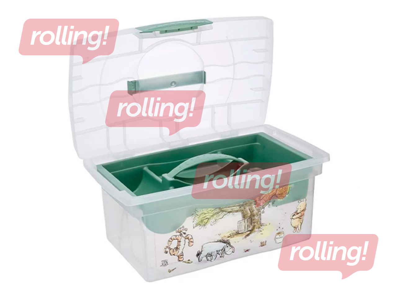 Uzglabāšanas kaste Keeeper Patryk Winnie the Pooh, ar vāku un organizatoru, caurspīdīga, zaļa,