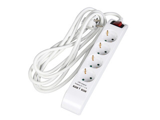 Extension cord 4 way 5m with indicator switch + 2 x USB 2.1A, white
