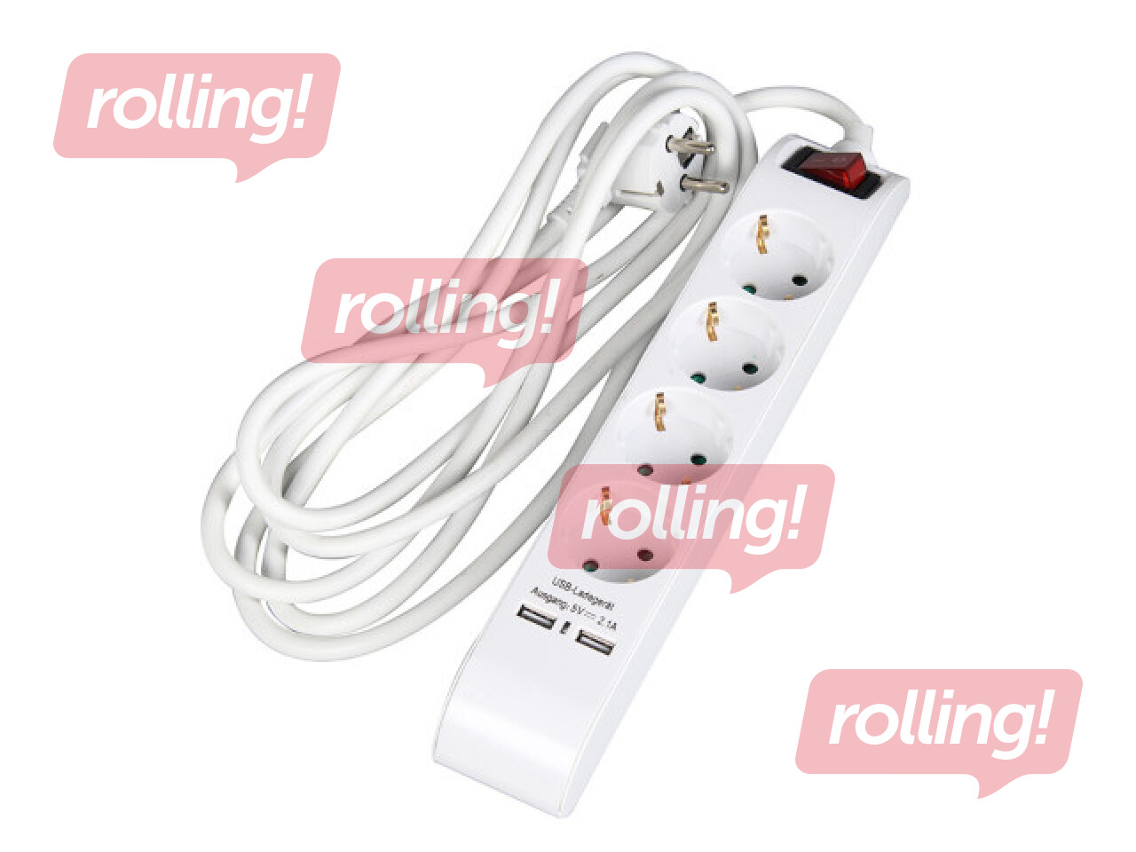 Pagarinātājs 4-vietīgs 5 m ar zemējumu un slēdzi + 2 x USB 2.1A, balts